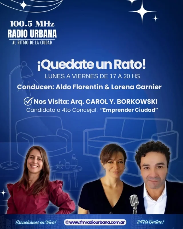 📌Hoy 20 de Mayo a las 19hs en "Quedate un Rato" nos visita la arquitecta Carol Borkwoski Candidata a cuarto concejal de Posadas, por el sublema: "Emprender Ciudad".
Con ella, entre algunos mates y café, tendremos una entrevista distendida y les preguntaremos sobre sus propuestas como candidata a Concejal.
Podés ser parte de nuestro programa comunicándote al WhatsApp: 3764162393. #radiourbanaposadas #fmradiourbana