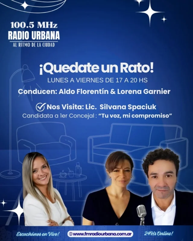 📌Hoy 22 de Mayo a las 19hs en "Quedate un Rato" nos visita la licenciada Silvana Spaciuk, candidata a primer concejal de Posadas, por el sublema: "Tu voz, mi compromiso".
Con ella, entre algunos mates y café, tendremos una entrevista distendida y les preguntaremos sobre sus propuestas como candidata a Concejal.
Podés ser parte de nuestro programa comunicándote al WhatsApp: 3764162393. #radiourbanaposadas #fmradiourbana