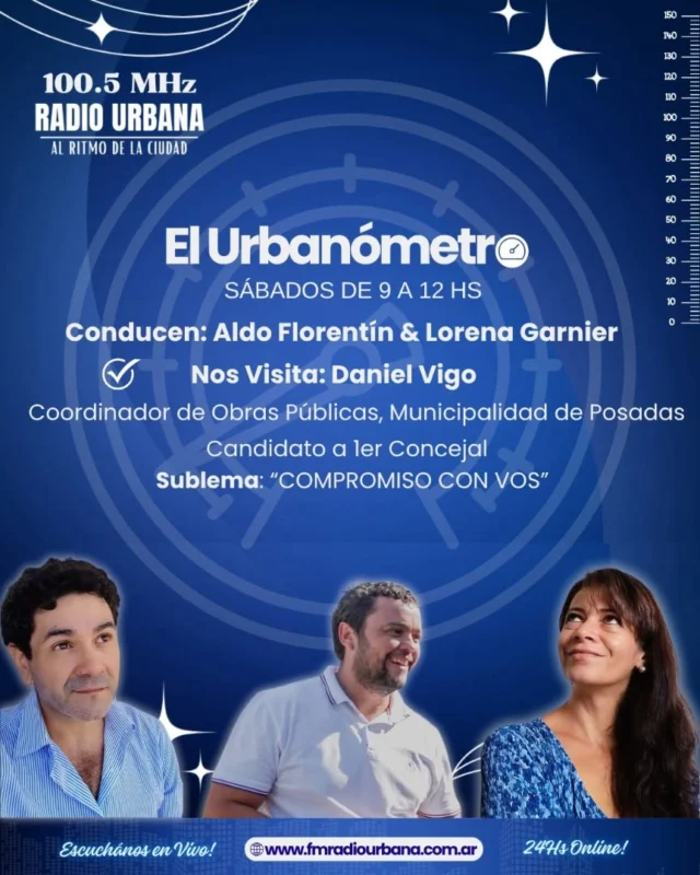 📌Visita sábado 31 de mayo "El Urbanometro" Ing. Daniel Vigo, Candidato a primer concejal de Posadas por el sublema: "#Compromiso con vos" 
Con él tendremos una entrevista distendida y les preguntaremos sobre sus propuestas como candidato a Concejal.
Vos podés ser parte de nuestro programa comunicándote al WhatsApp: 3764162393. #radiourbanaposadas #fmradiourbana